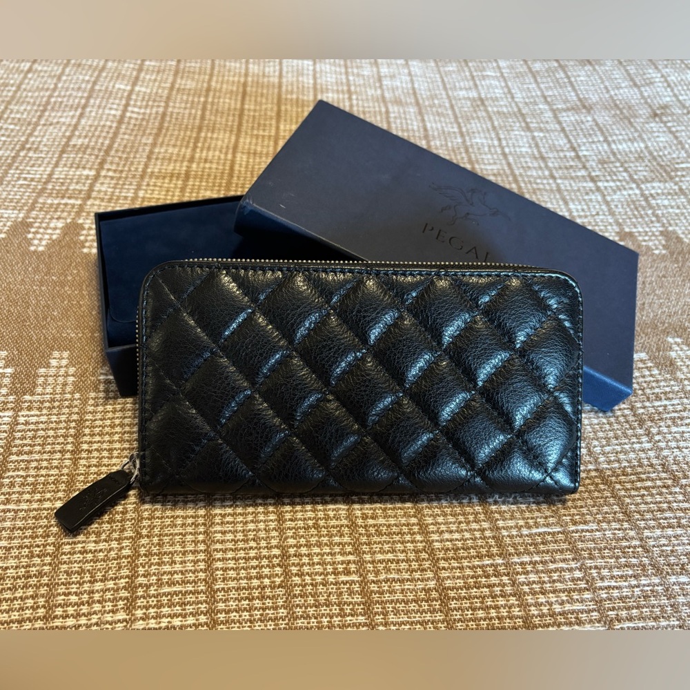 Pegai Quilted Leather Sherry Zip-Around Wallet in Nicon Black